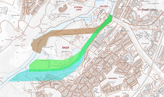 Trollhättan. Kartbild över Trollhättans slussområde och markeringar där förslagan för nya dragningar av slussar syns.