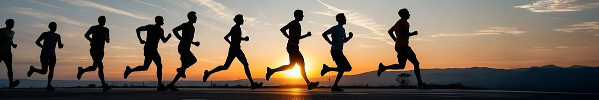 Siluetter av en grupp löpare i soluppgången