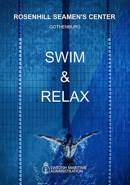 En person simmar fjärilssim i en bassäng. Text på bilden säger Rosenhill Sjömanscenter, Göteborg, Simma & Basta, Sjöfartsverket
