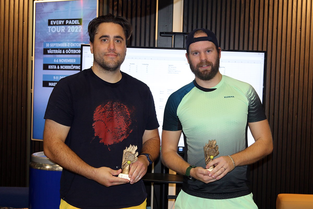 Killarna i Torleifs vann Sjömansservice padelpremiär. Två padelspelare som tagit emot förstapriset